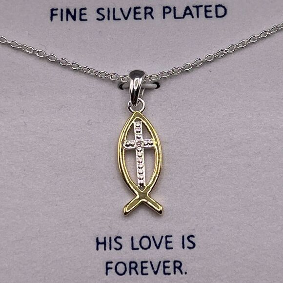 Unwritten Gratitude & Grace Two-Tone CZ Jesus Fish Pendant Necklace New - Picture 3 of 5